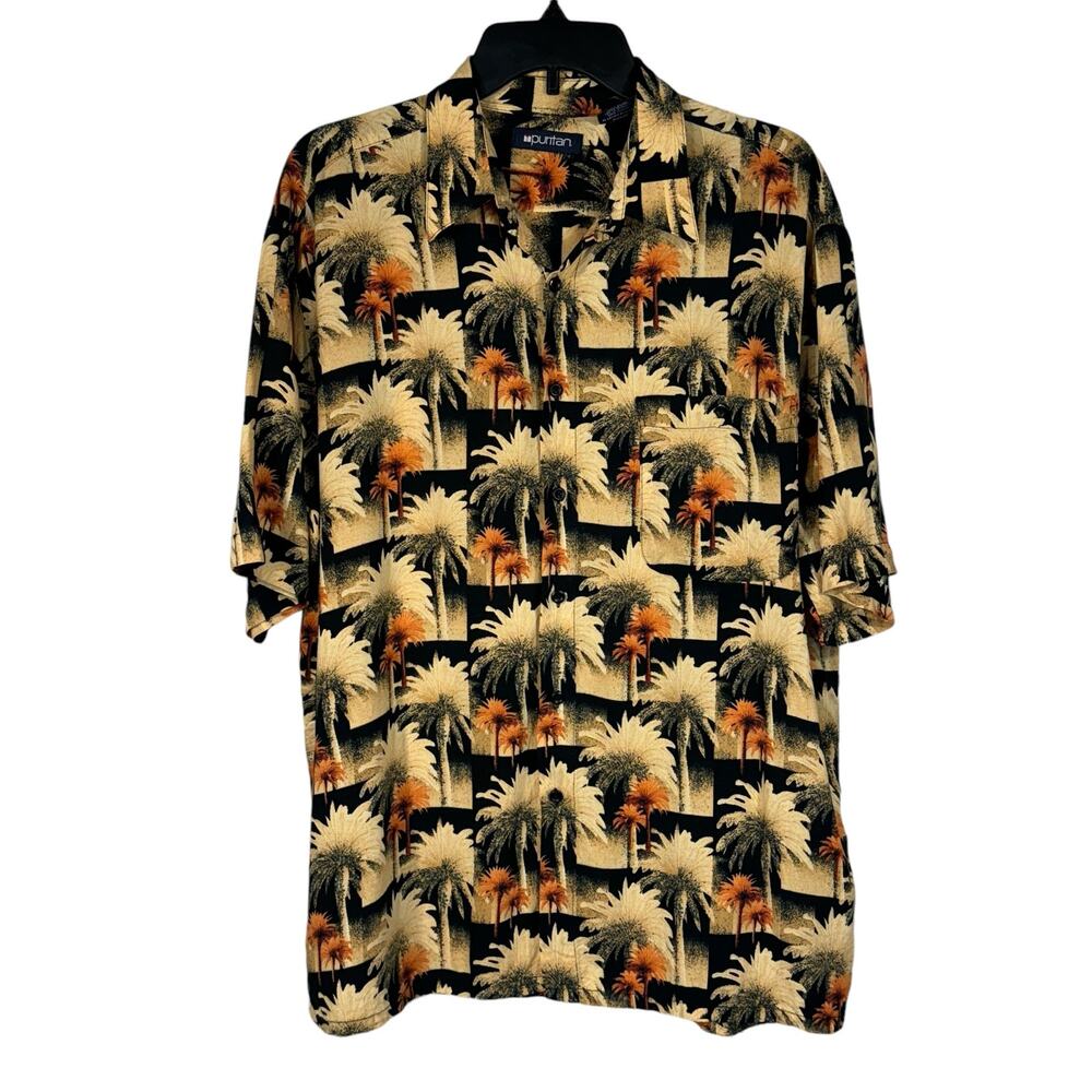Puritan Large Hawaiian Shirt Palm Trees Button-Up Short Sleeve Pocket Multi